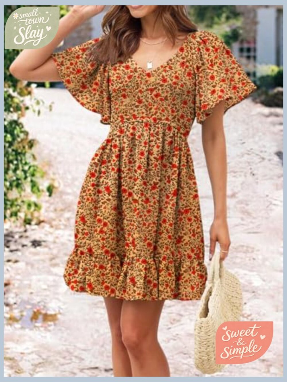 Smocked V-Neck Flutter Sleeve Sundress with Pockets - Picture 3 of 7